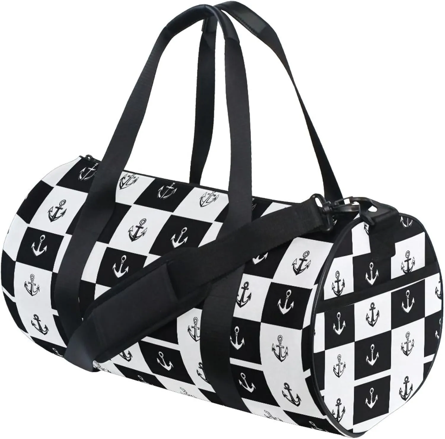 MNSRUU Sports Duffel Bags, Black and White Grid Anchor Athletic Gym Bag Overnight Workout Travel Tote Luggage for Men Women Yoga