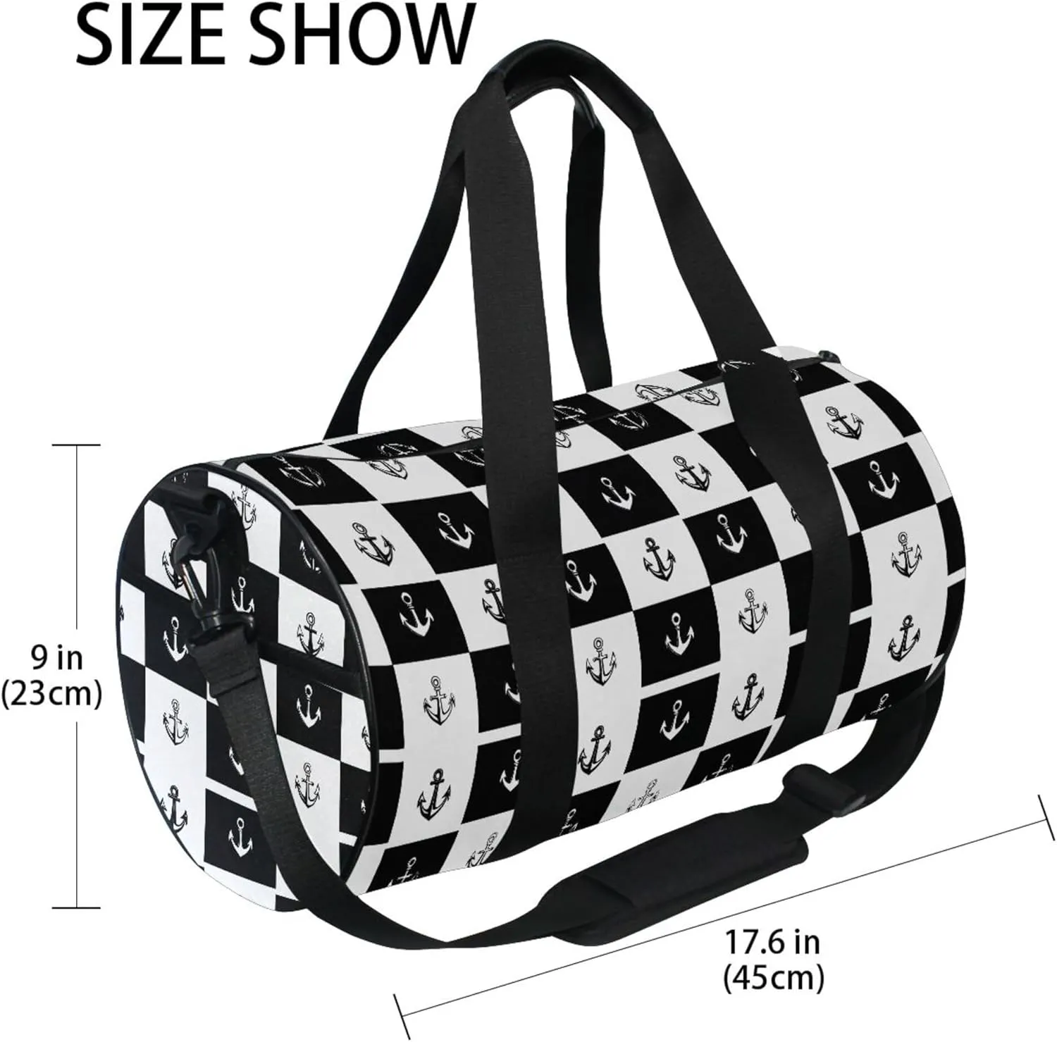 MNSRUU Sports Duffel Bags, Black and White Grid Anchor Athletic Gym Bag Overnight Workout Travel Tote Luggage for Men Women Yoga
