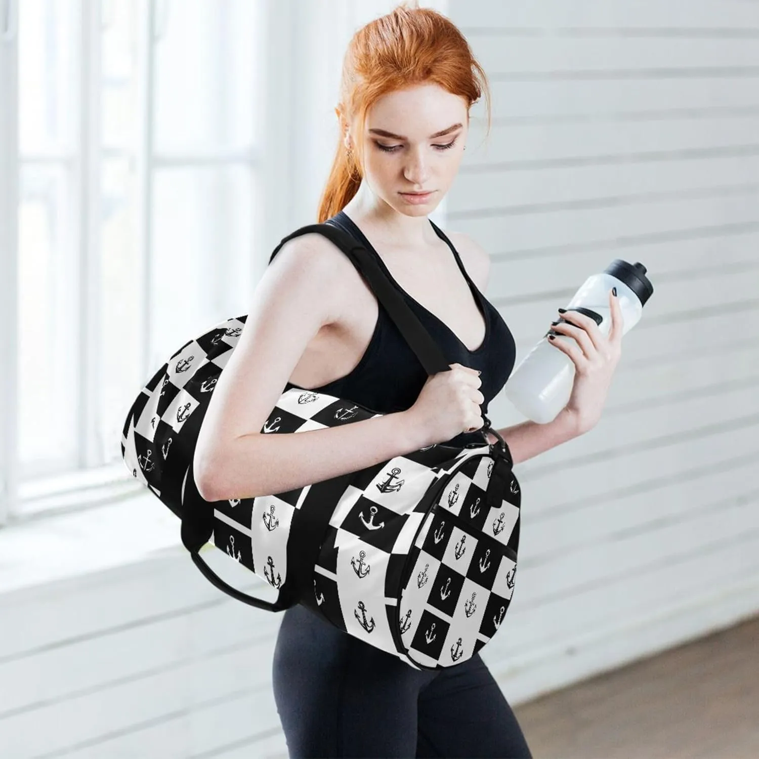 MNSRUU Sports Duffel Bags, Black and White Grid Anchor Athletic Gym Bag Overnight Workout Travel Tote Luggage for Men Women Yoga