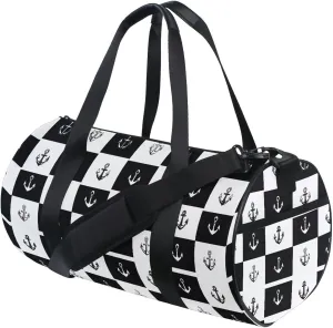MNSRUU Sports Duffel Bags, Black and White Grid Anchor Athletic Gym Bag Overnight Workout Travel Tote Luggage for Men Women Yoga