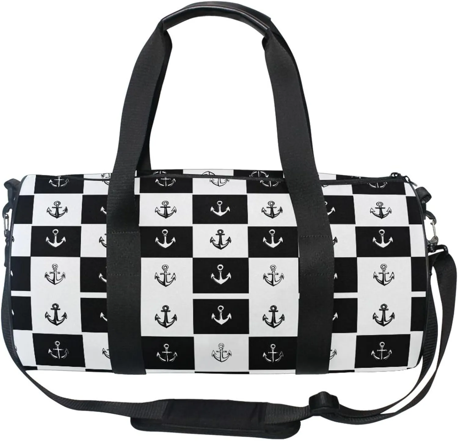 MNSRUU Sports Duffel Bags, Black and White Grid Anchor Athletic Gym Bag Overnight Workout Travel Tote Luggage for Men Women Yoga