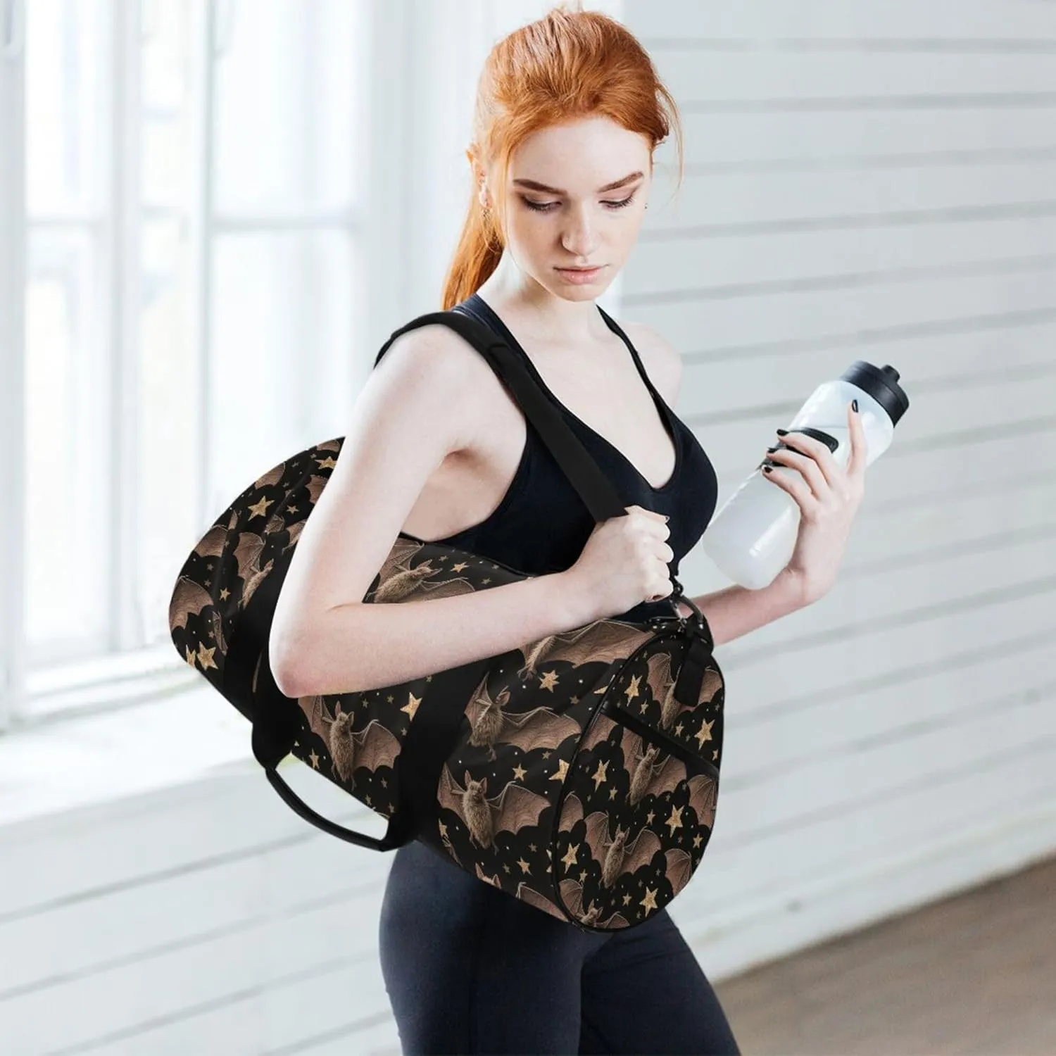 MNSRUU Sports Duffel Bags, Black Bat Star Athletic Gym Bag Overnight Workout Travel Tote Luggage for Men Women Yoga