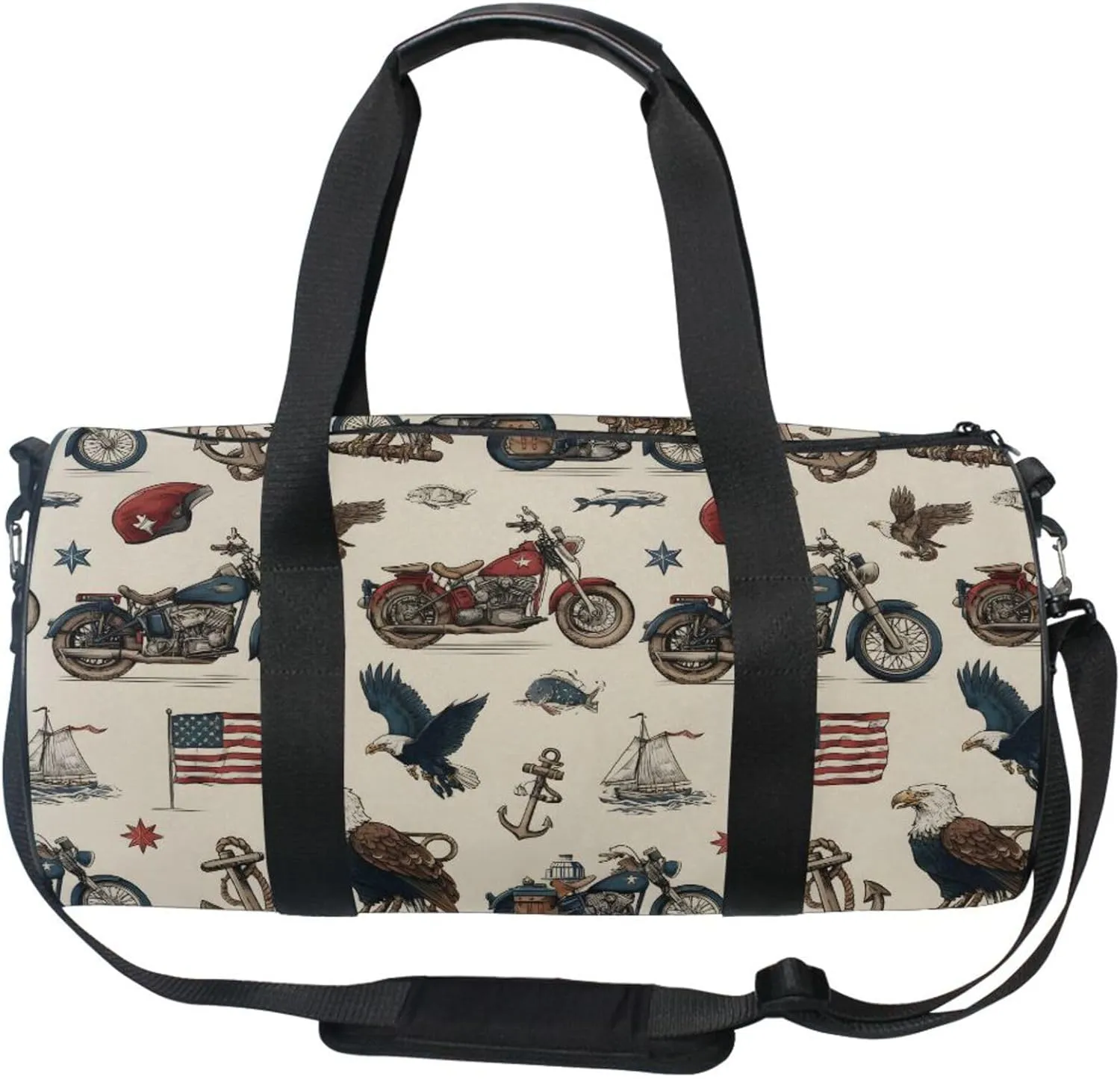 MNSRUU Sports Duffel Bags, Flag Eagle Motorcycles Anchor Athletic Gym Bag Overnight Workout Travel Tote Luggage for Men Women Yoga