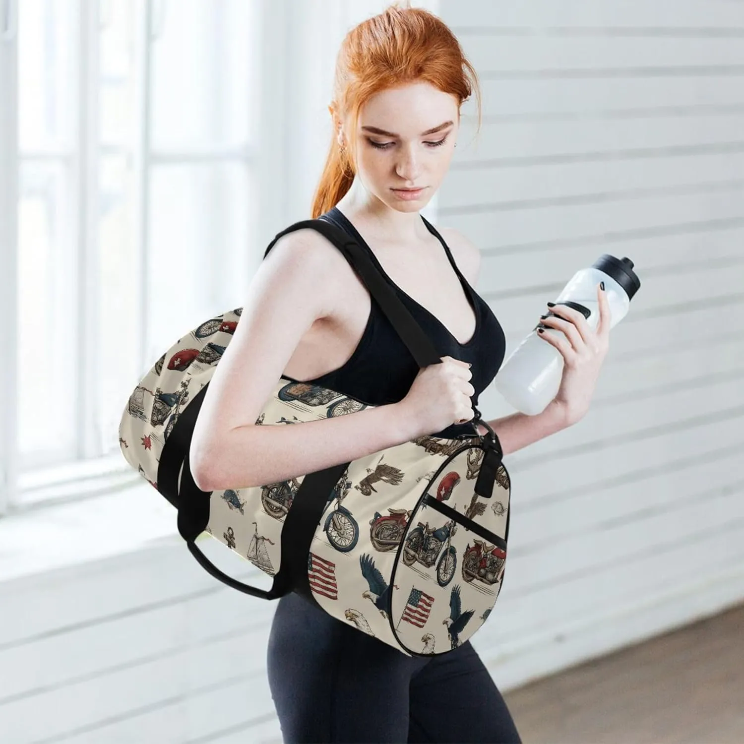 MNSRUU Sports Duffel Bags, Flag Eagle Motorcycles Anchor Athletic Gym Bag Overnight Workout Travel Tote Luggage for Men Women Yoga