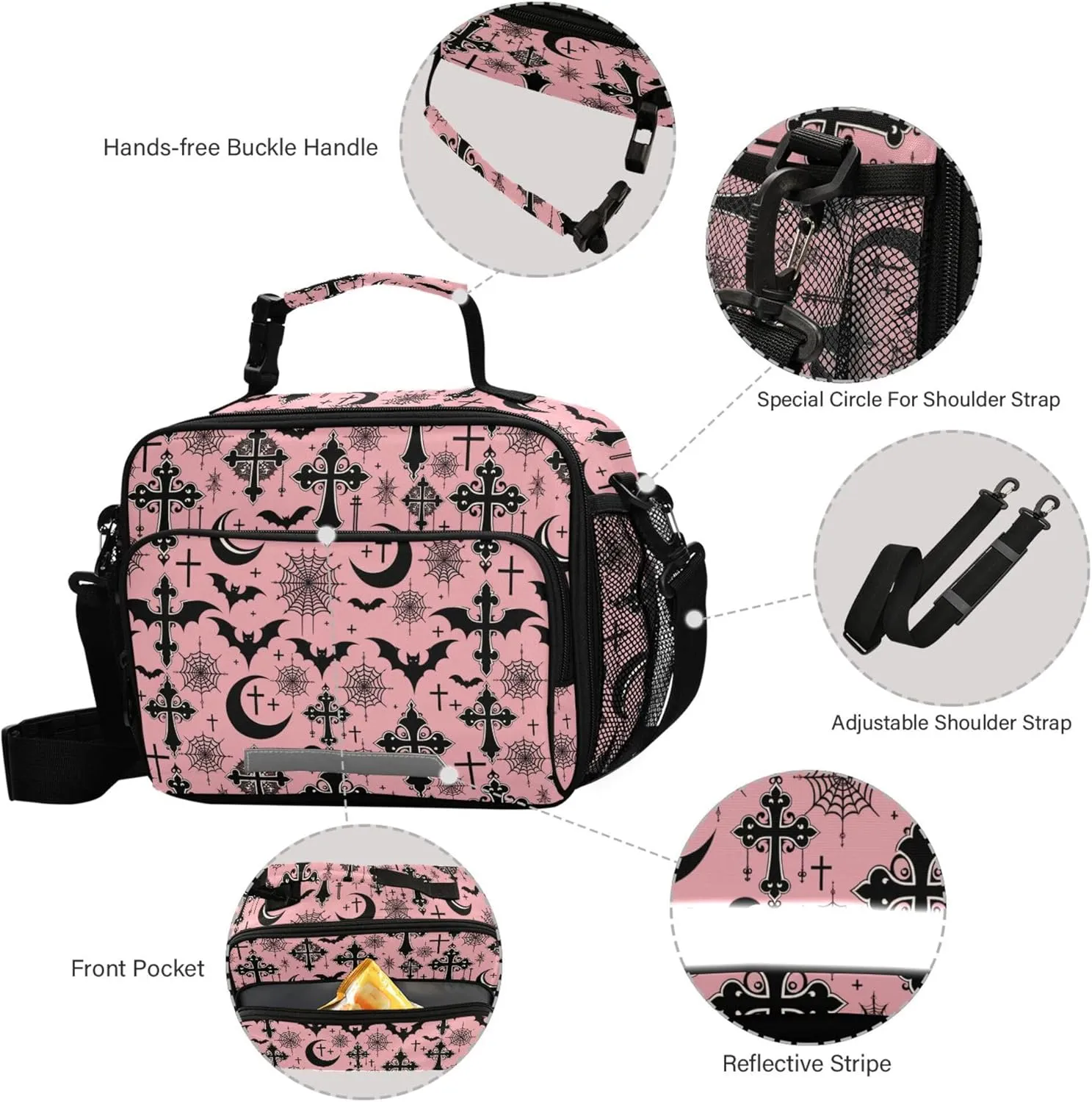 MNSRUU Student Lunch Bag Black Gothic Moon Spider Webs and Bats Insulated DinnerTotes Picnic Bag Lunch Box with Adjustable Shoulder Strap for Teen Kids Adults