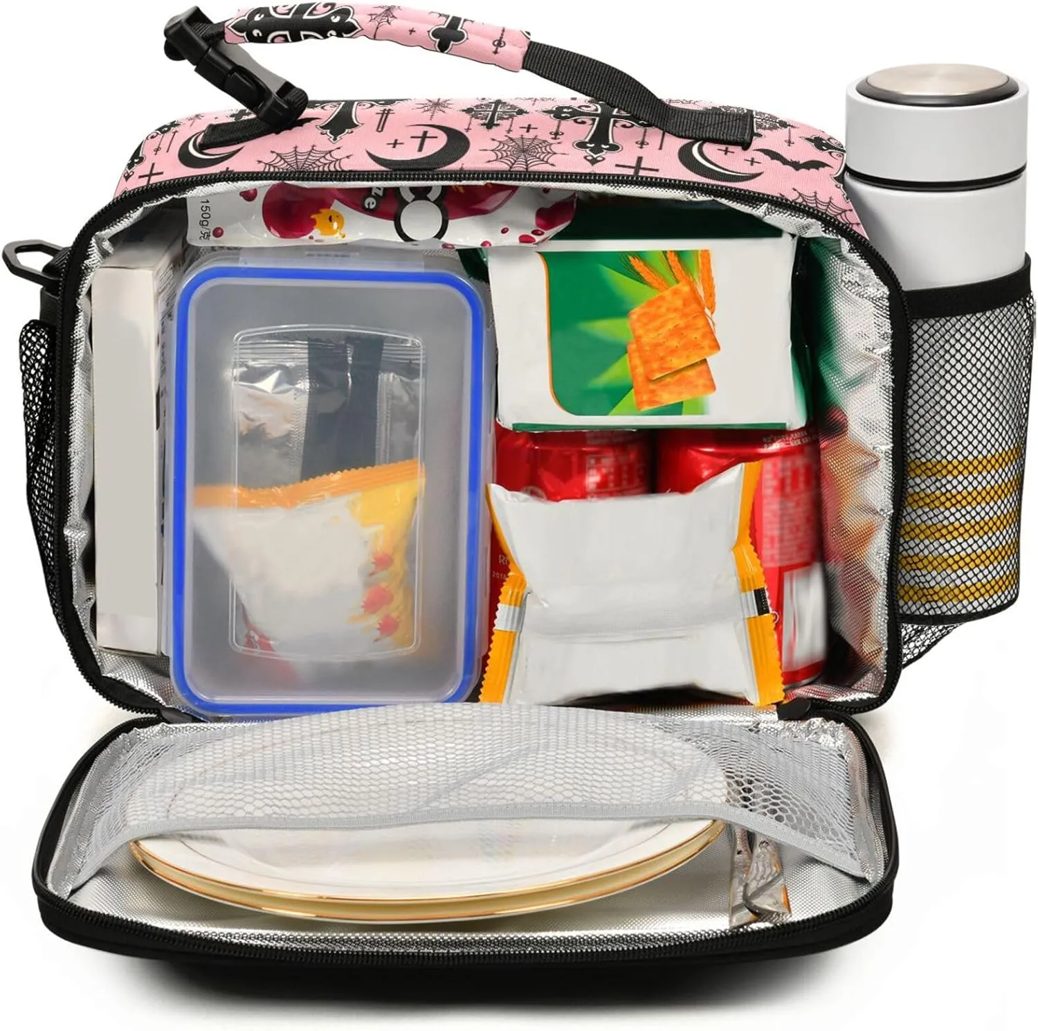 MNSRUU Student Lunch Bag Black Gothic Moon Spider Webs and Bats Insulated DinnerTotes Picnic Bag Lunch Box with Adjustable Shoulder Strap for Teen Kids Adults