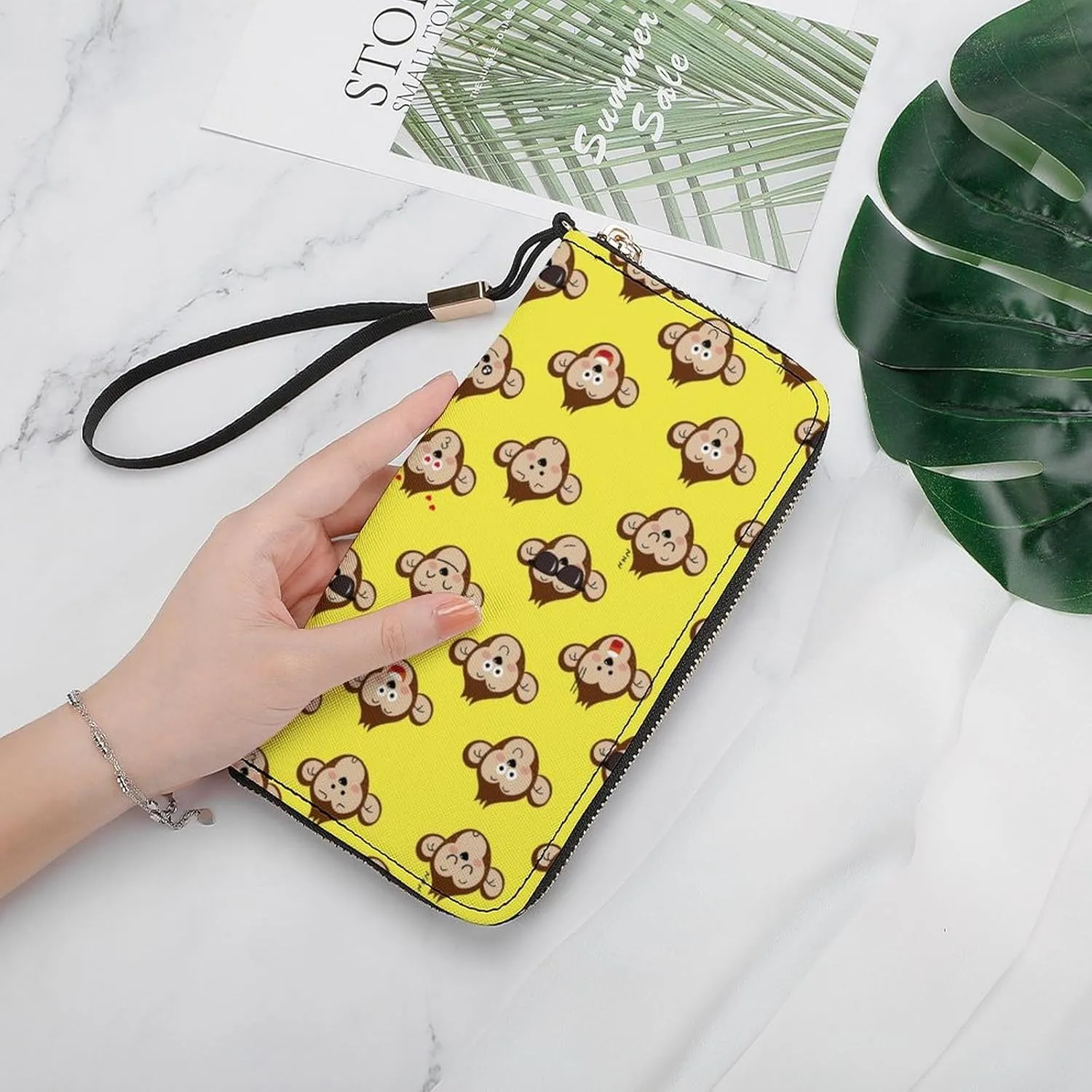 Monkey Face Pattern Women's Leather Long Large Capacity Wallet Clutch Wallet with Hand Strap, 20x10.5cm, style-2-4
