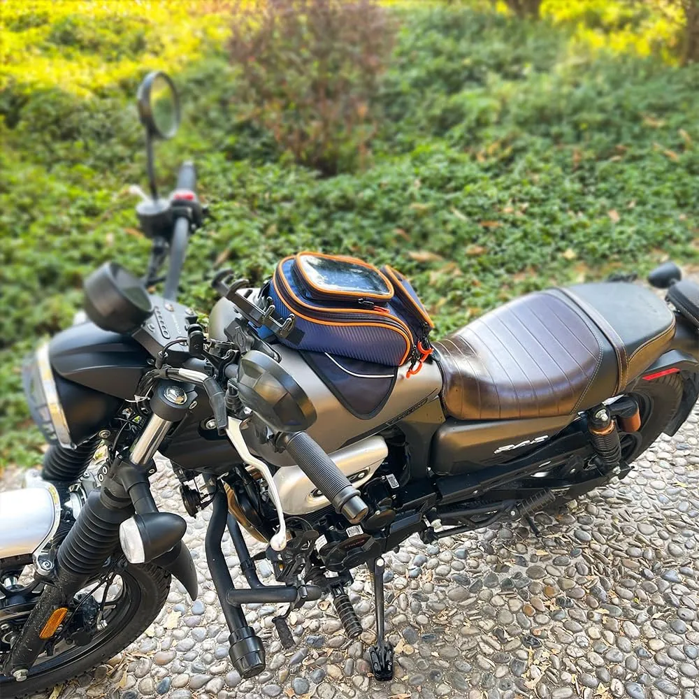 Motorcycle Tank Bag，Waterproof, with super magnetic thickened magnet blue orange 1680D PVC petrol tank bag, large window cell phone bag, suitable for Suzuki Kawasaki Honda Harley Yamaha.