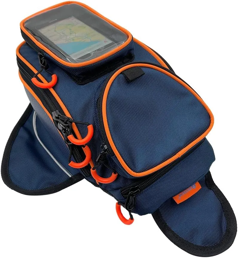 Motorcycle Tank Bag，Waterproof, with super magnetic thickened magnet blue orange 1680D PVC petrol tank bag, large window cell phone bag, suitable for Suzuki Kawasaki Honda Harley Yamaha.