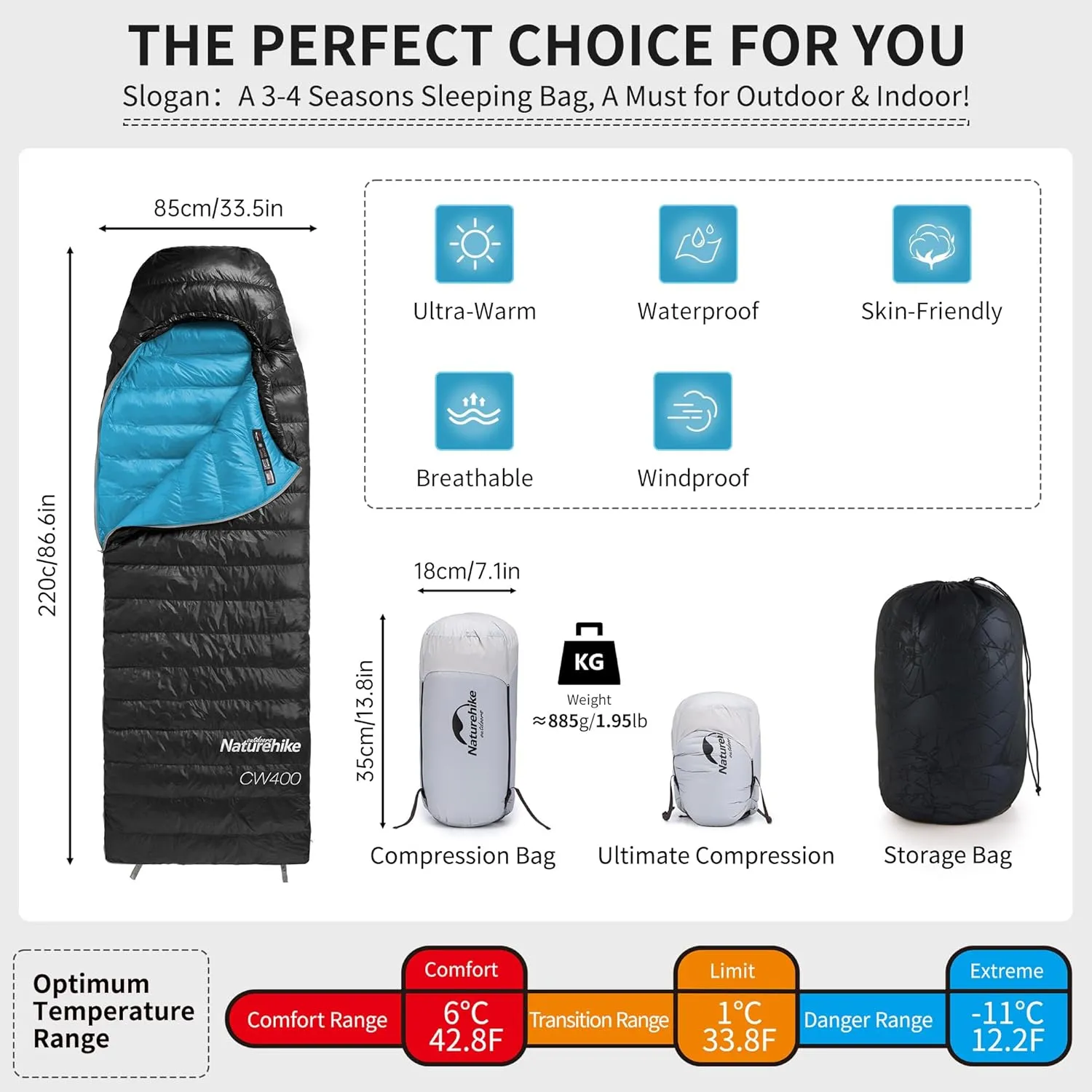 Naturehike Ultralight Down Sleeping Bag, 650FP, 3-4 Season, Adults, 32-42, Waterproof, Compact, Camping, Hiking