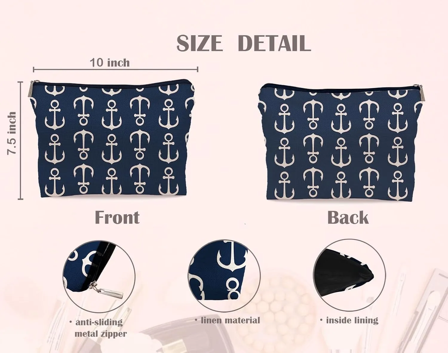 Nautical Anchor Makeup Bag,Nautical Coastal Sailing Sailboat Anchor Navy Cosmetic Makeup Bag for Women Girls,Gifts For Sea Lovers Sailors Women Girls