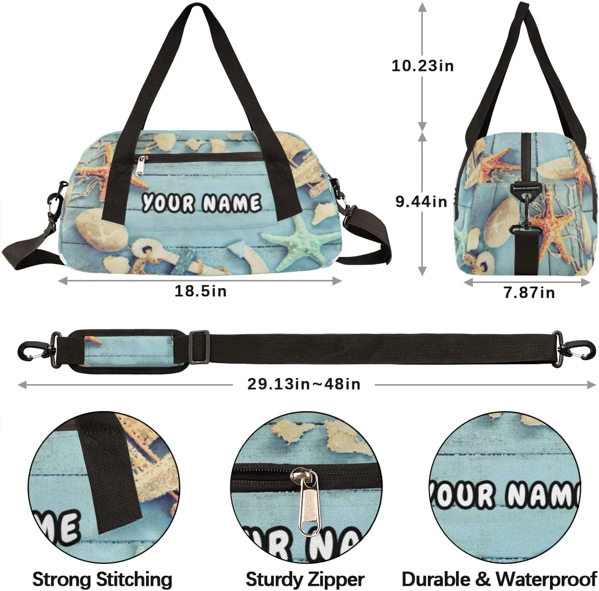 Nautical Anchor Starfish Personalized Kids Duffel Bag for Girls Boys, Starfich Debris Custom Name Dance Bag Overnight Small Duffel Bag Carry On Weekend Travel Bag for School Practice Gymnastics Ballet