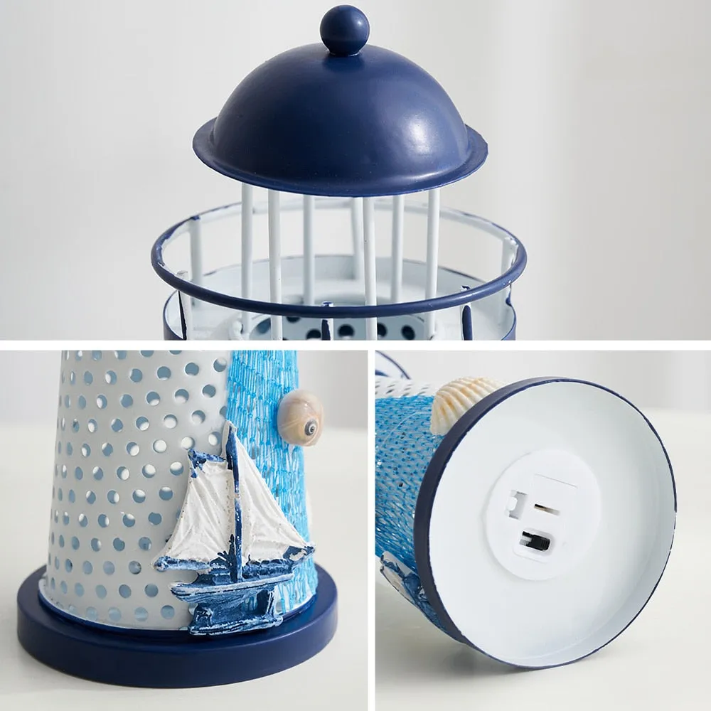 Nautical Ocean Flash Lighthouse Fishing Net Starfish Shell Metal Beacon Tower Ornaments Figurines Crafts Paperweight Home Decor