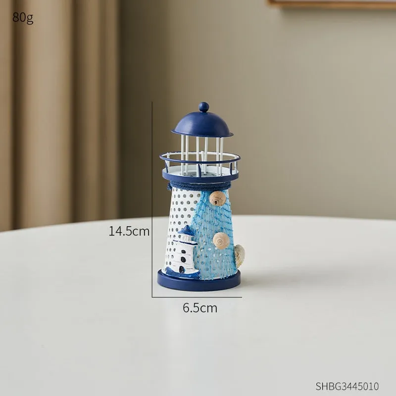 Nautical Ocean Flash Lighthouse Fishing Net Starfish Shell Metal Beacon Tower Ornaments Figurines Crafts Paperweight Home Decor
