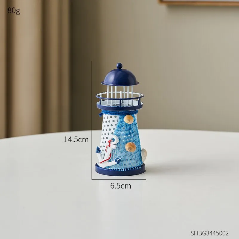Nautical Ocean Flash Lighthouse Fishing Net Starfish Shell Metal Beacon Tower Ornaments Figurines Crafts Paperweight Home Decor