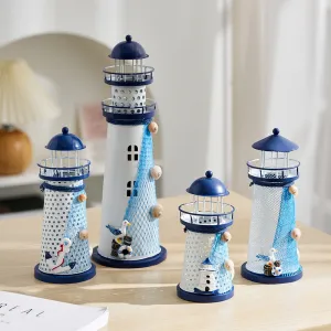 Nautical Ocean Flash Lighthouse Fishing Net Starfish Shell Metal Beacon Tower Ornaments Figurines Crafts Paperweight Home Decor