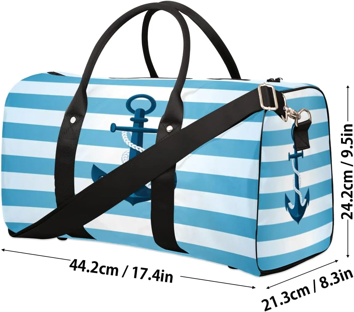 Nautical Stripe Travel Duffle Bag, Sports Gym Bags for Women Men, Carry On Weekender Overnight Bag, Blue Anchor Workout Hospital Airplane Trips Bag