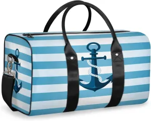 Nautical Stripe Travel Duffle Bag, Sports Gym Bags for Women Men, Carry On Weekender Overnight Bag, Blue Anchor Workout Hospital Airplane Trips Bag