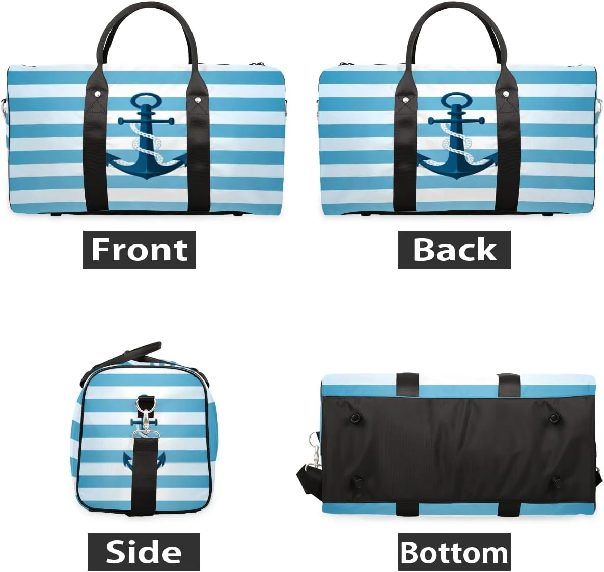 Nautical Stripe Travel Duffle Bag, Sports Gym Bags for Women Men, Carry On Weekender Overnight Bag, Blue Anchor Workout Hospital Airplane Trips Bag
