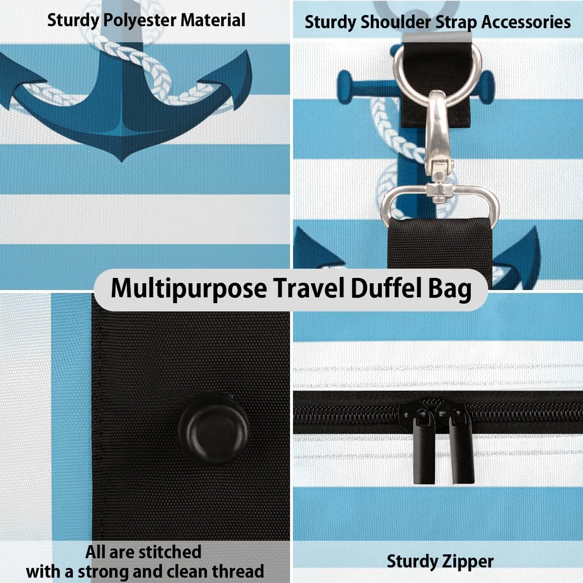 Nautical Stripe Travel Duffle Bag, Sports Gym Bags for Women Men, Carry On Weekender Overnight Bag, Blue Anchor Workout Hospital Airplane Trips Bag