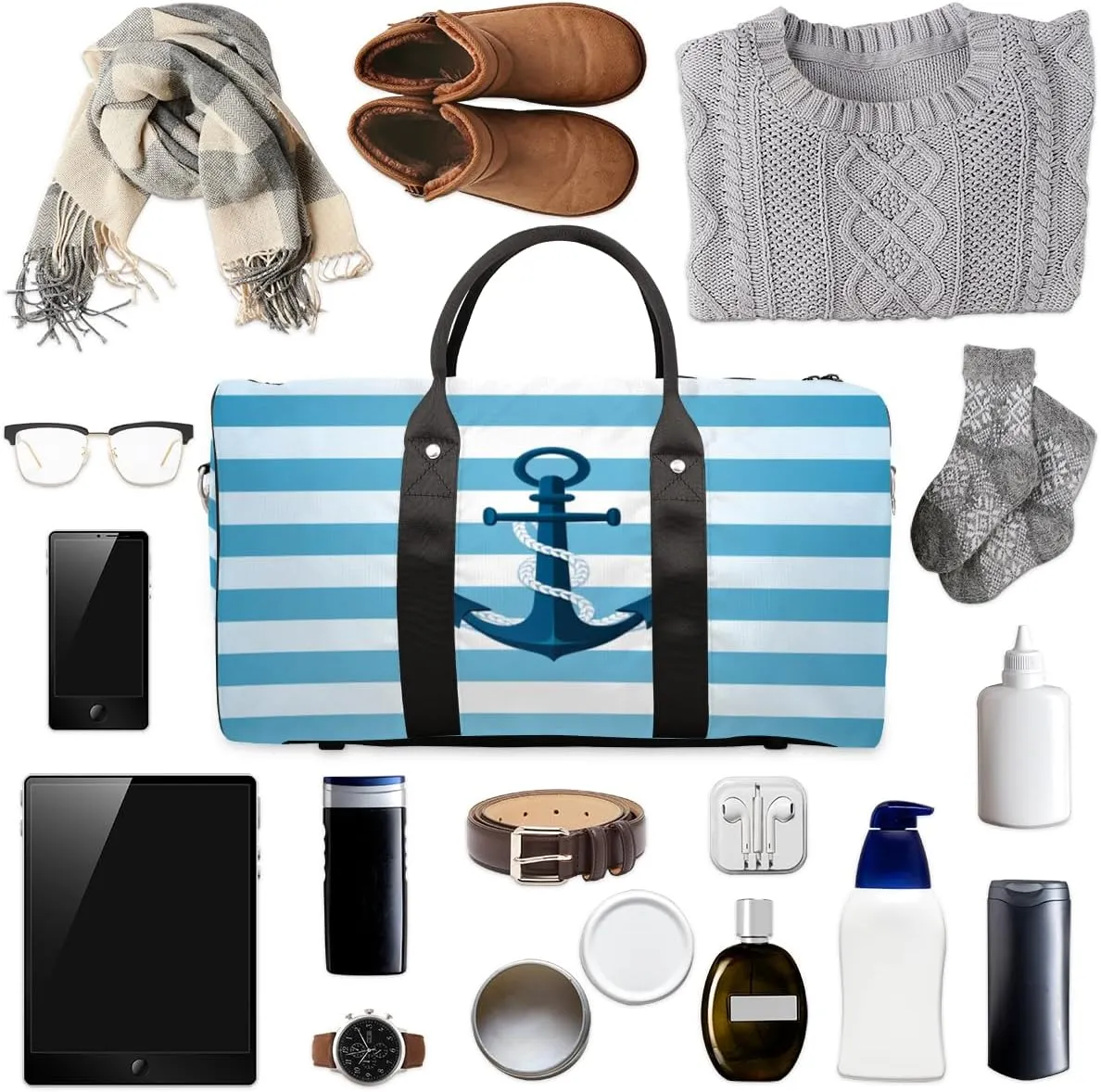 Nautical Stripe Travel Duffle Bag, Sports Gym Bags for Women Men, Carry On Weekender Overnight Bag, Blue Anchor Workout Hospital Airplane Trips Bag