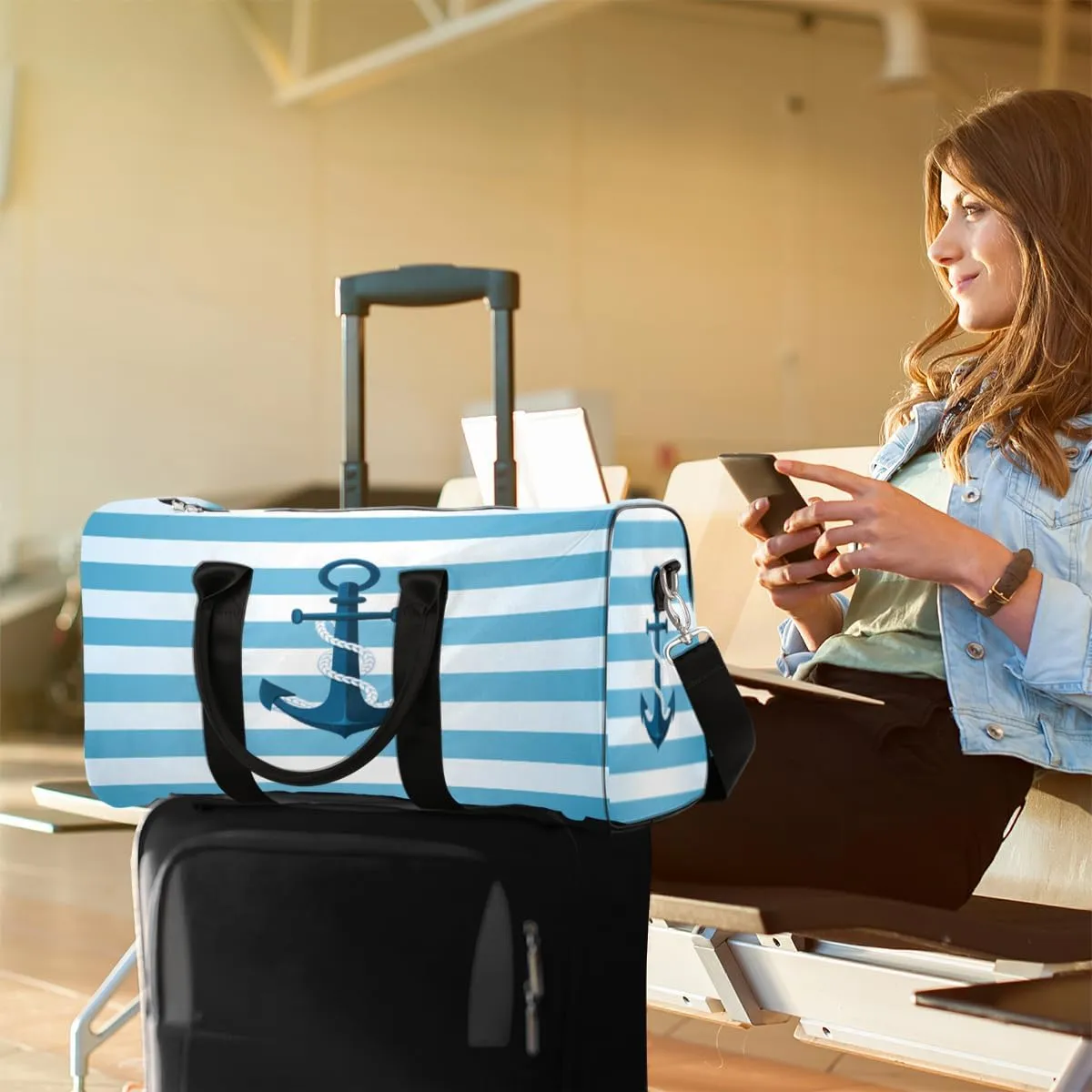 Nautical Stripe Travel Duffle Bag, Sports Gym Bags for Women Men, Carry On Weekender Overnight Bag, Blue Anchor Workout Hospital Airplane Trips Bag