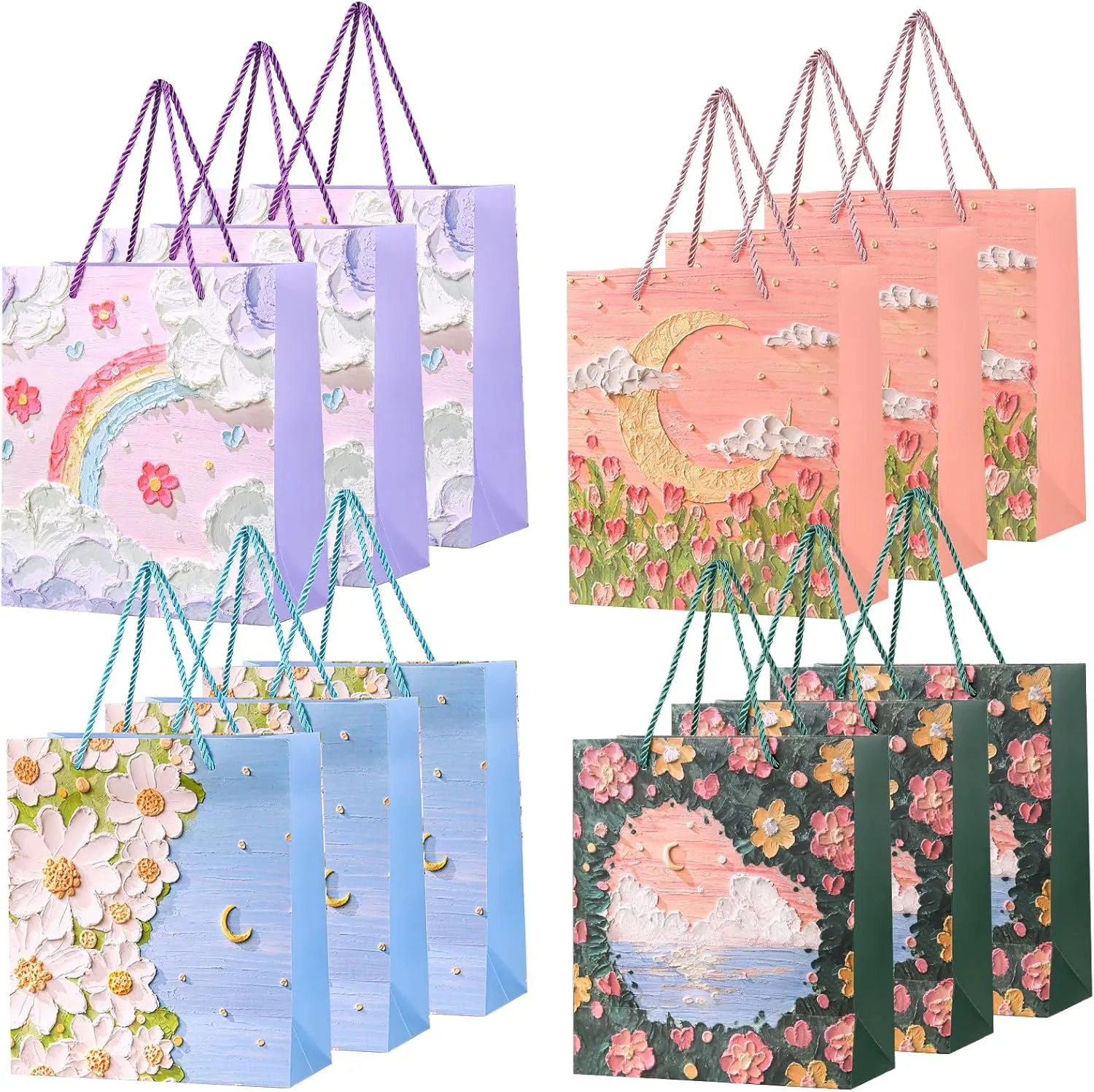 NOVISIO 12pcs Oil Painting Style Handbag Gift Bag, Practical Thick Cardboard Gift Bag, Suitable For Shopping, Parties, Weddings, Baby Baptism, Baking, Handicrafts And Other Product Packaging