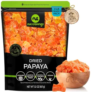 NUT CRAVINGS Dry Fruits - Sun Dried Papaya Chunks, (32oz - 2 LB) Packed Fresh in Resealable Bag - Sweet Snack, Healthy Food, Naturally Grown, Vegan, Kosher Certified