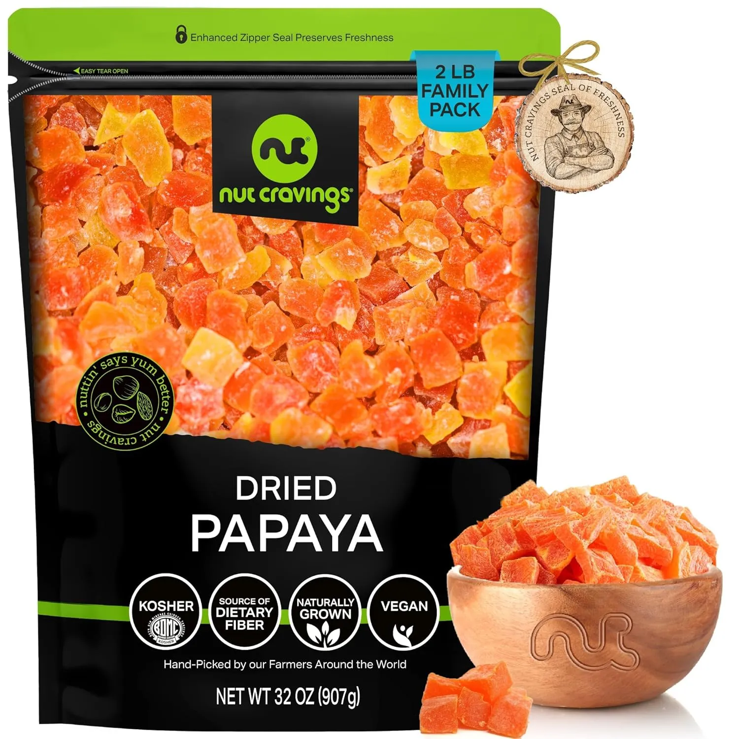 NUT CRAVINGS Dry Fruits - Sun Dried Papaya Chunks, (32oz - 2 LB) Packed Fresh in Resealable Bag - Sweet Snack, Healthy Food, Naturally Grown, Vegan, Kosher Certified