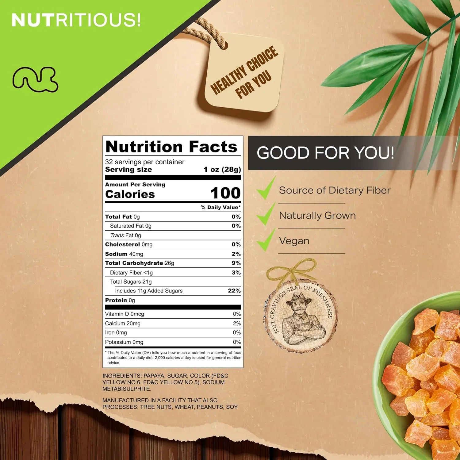 NUT CRAVINGS Dry Fruits - Sun Dried Papaya Chunks, (32oz - 2 LB) Packed Fresh in Resealable Bag - Sweet Snack, Healthy Food, Naturally Grown, Vegan, Kosher Certified