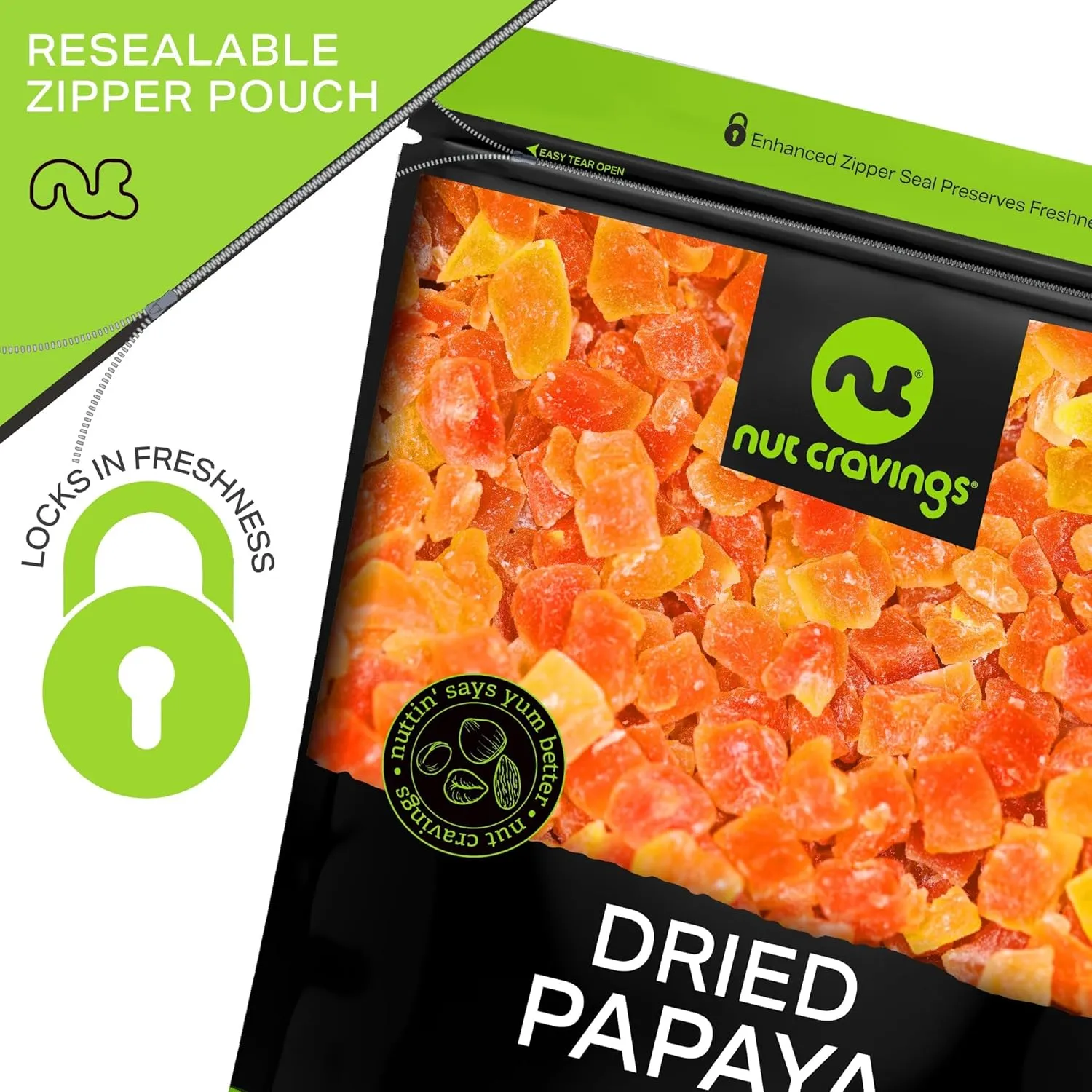 NUT CRAVINGS Dry Fruits - Sun Dried Papaya Chunks, (32oz - 2 LB) Packed Fresh in Resealable Bag - Sweet Snack, Healthy Food, Naturally Grown, Vegan, Kosher Certified