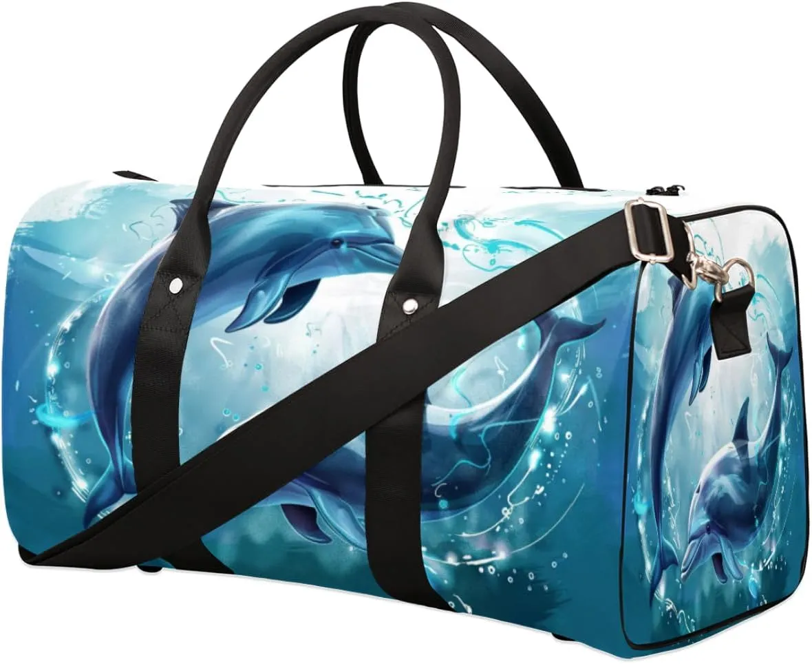 Ocean Dolphin Travel Duffel Bag for Women Men, Sea Animal Dolphin Sport Tote Gym Bag Foldable Weekender Overnight Bag Waterproof Carry On Luggage Bag