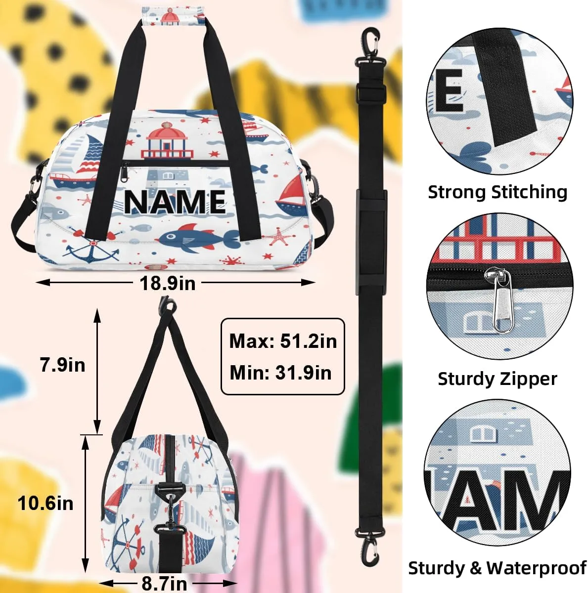 Ocean Themed Mini Gym Bag 18 inch for Women Men Waterproof Custom Nautical Lighthouse Sailboat Anchor Travel Duffel Bag Carry On Overnight Tote Nurse Bag for Work Fitness Hiking