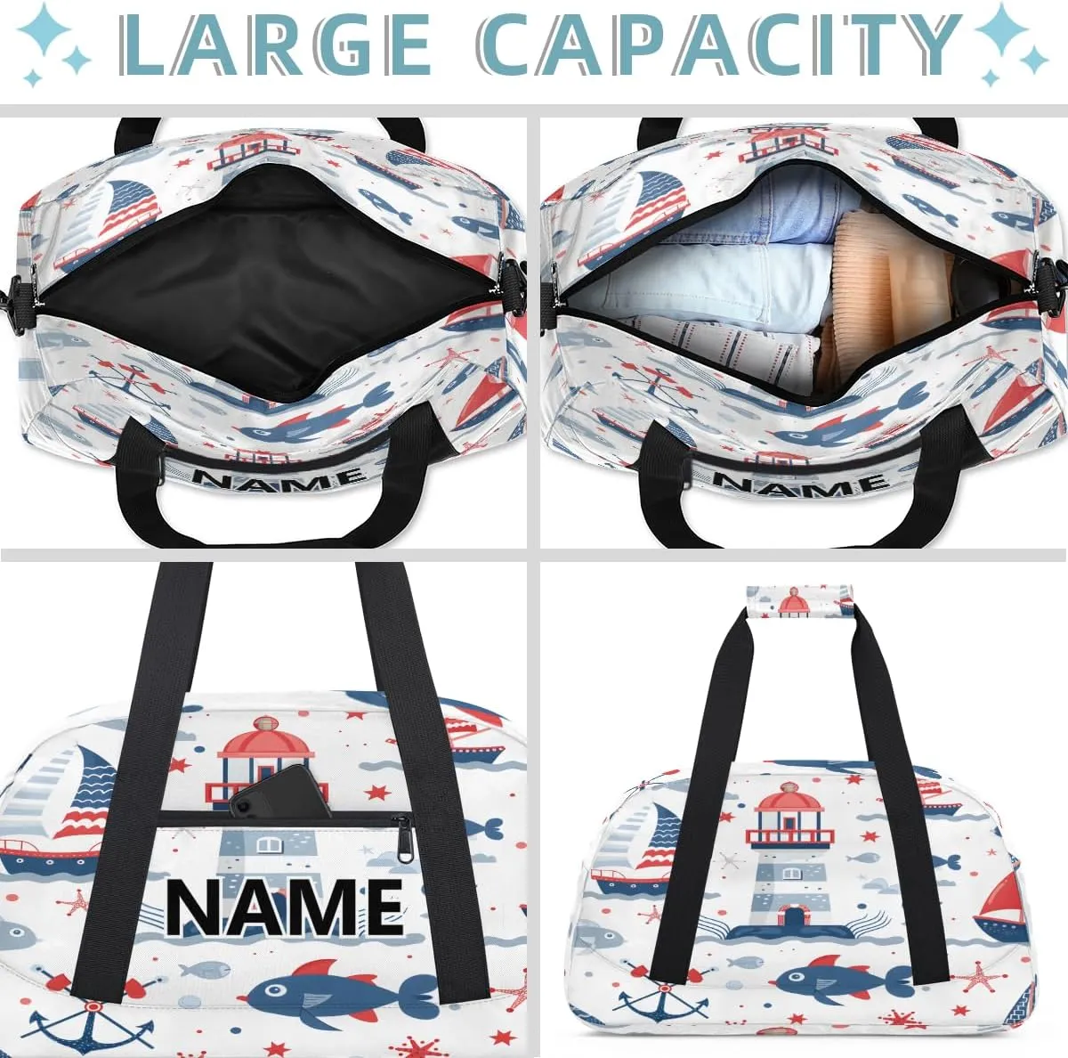Ocean Themed Mini Gym Bag 18 inch for Women Men Waterproof Custom Nautical Lighthouse Sailboat Anchor Travel Duffel Bag Carry On Overnight Tote Nurse Bag for Work Fitness Hiking