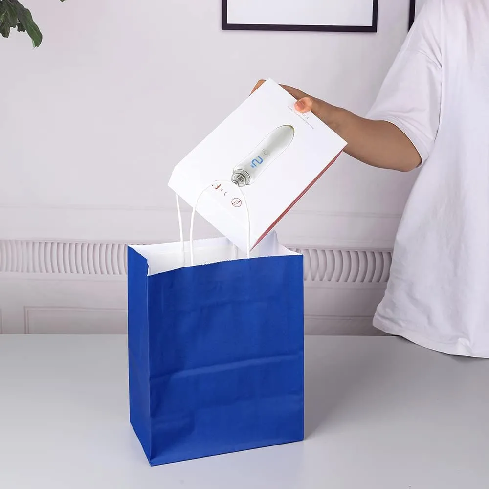 Oikss 50 Pack 8x4.75x10 Inch Medium Royal Blue Kraft Paper Bags with Handles Bulk for Birthday Wedding Party Favors Grocery Retail Shopping Takeout Business Goody Craft Gift Bags Sacks, (50pcs Count)