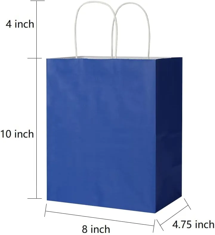 Oikss 50 Pack 8x4.75x10 Inch Medium Royal Blue Kraft Paper Bags with Handles Bulk for Birthday Wedding Party Favors Grocery Retail Shopping Takeout Business Goody Craft Gift Bags Sacks, (50pcs Count)