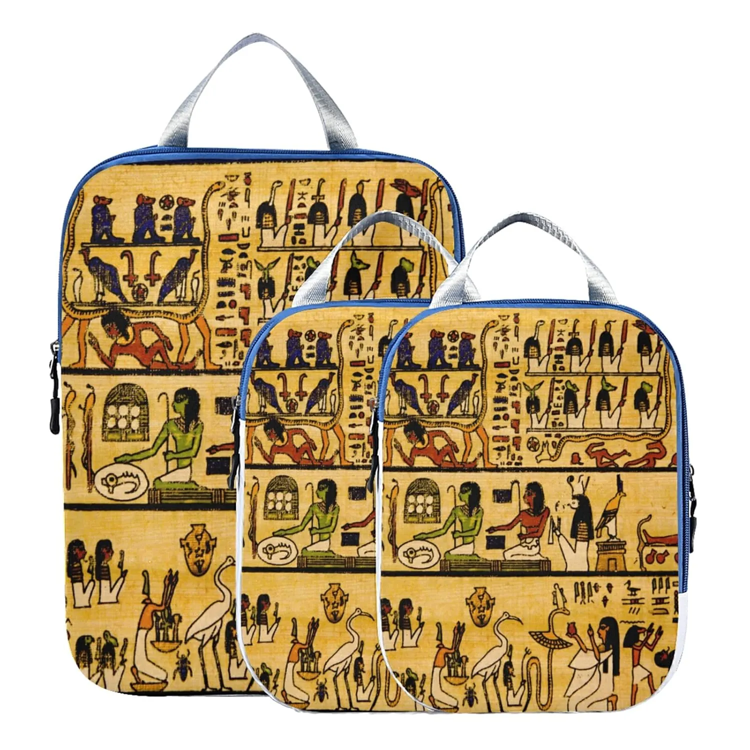 Old Egyptian Papyrus and Hieroglyph Retro Vintage Style 3 Piece set Cubes Expandable Adjustable Luggage Packing Bags, Ultralight Organizer Accessories Travel Suitcase Compressible Bags