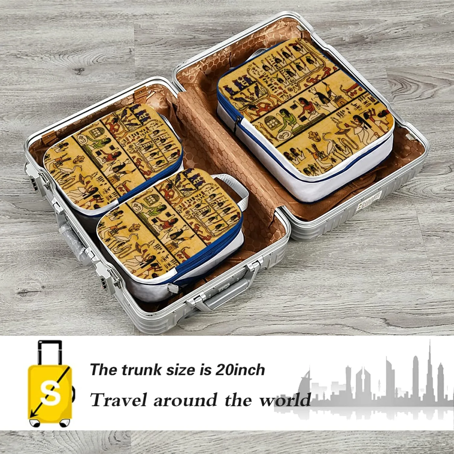 Old Egyptian Papyrus and Hieroglyph Retro Vintage Style 3 Piece set Cubes Expandable Adjustable Luggage Packing Bags, Ultralight Organizer Accessories Travel Suitcase Compressible Bags