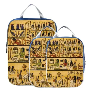 Old Egyptian Papyrus and Hieroglyph Retro Vintage Style 3 Piece set Cubes Expandable Adjustable Luggage Packing Bags, Ultralight Organizer Accessories Travel Suitcase Compressible Bags