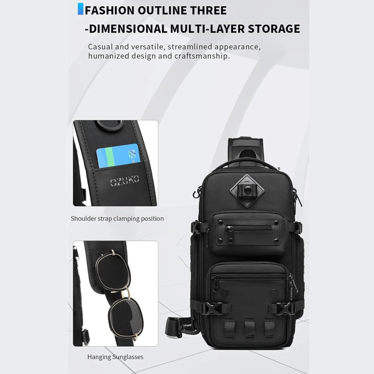 OZUKO 9585 Custom Logo Outdoor Waterproof Chest Bags Travel Cross Body Sling Bag Camera Stick Holder Sling Bag For Men(Blue)