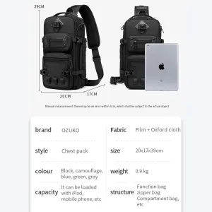 OZUKO 9585 Custom Logo Outdoor Waterproof Chest Bags Travel Cross Body Sling Bag Camera Stick Holder Sling Bag For Men(Blue)