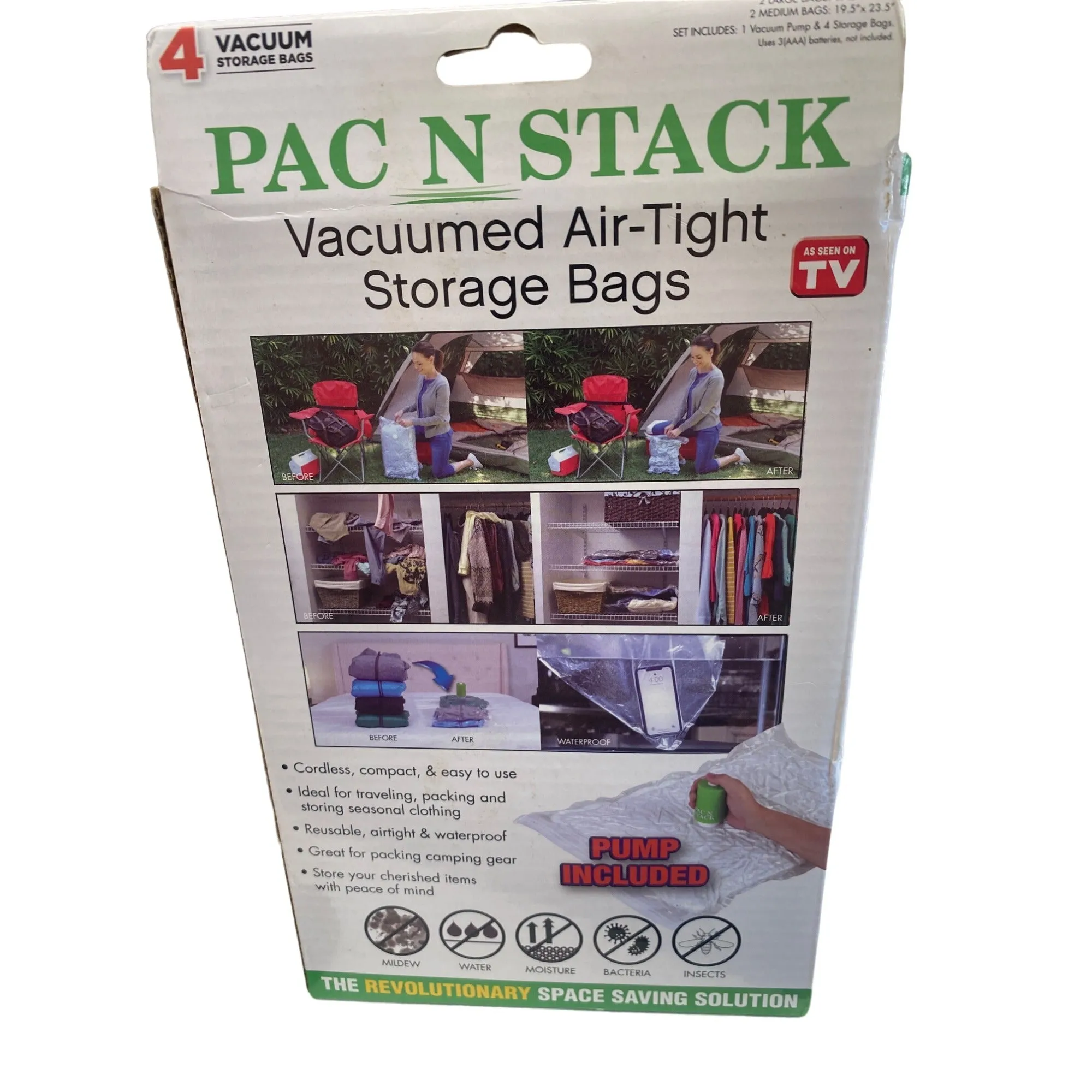 PAC N STACK Vacuumed Air-Tight Storage Bags  Includes Pump & 4 Bags