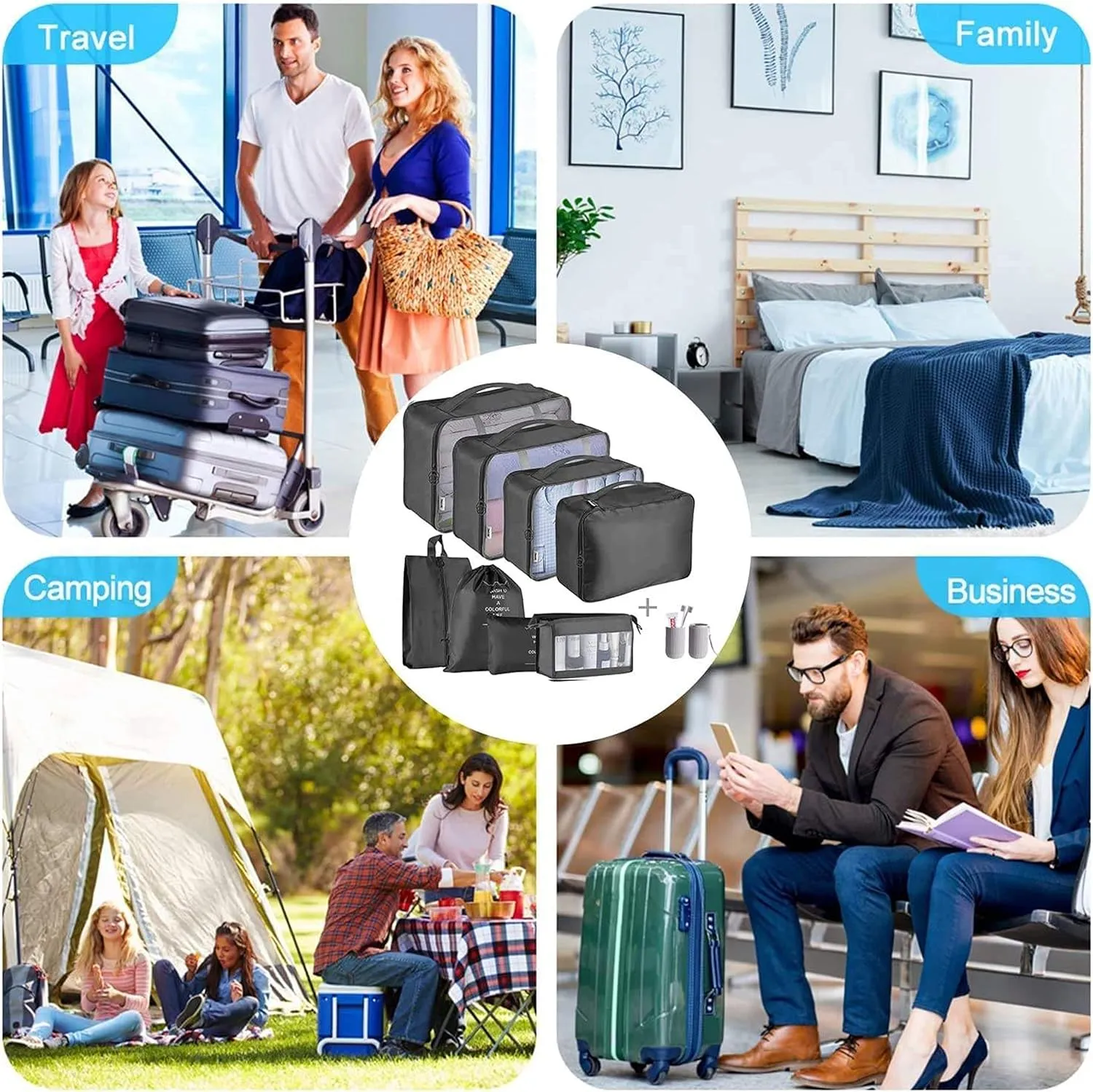 Packing Cubes For Suitcase, 8pcs Set Travel Organizer Bags, Waterproof (Blue)