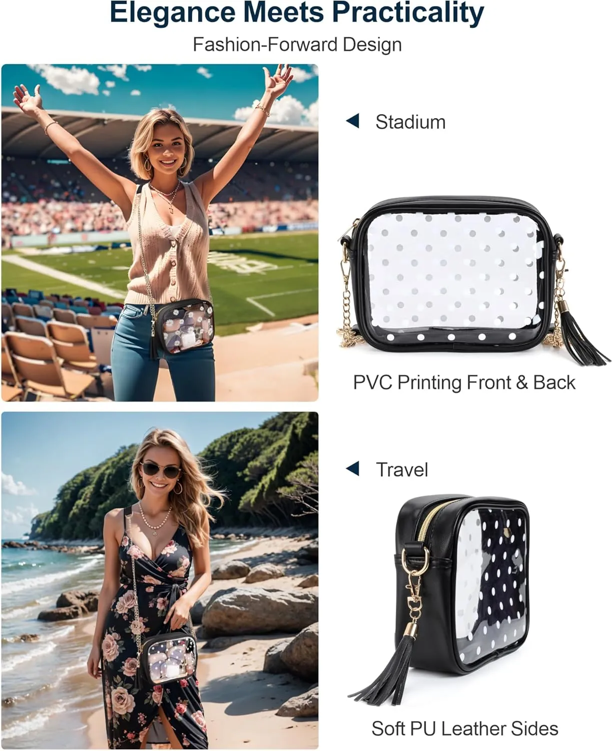 PACKISM Clear Bag for Stadium Events - Clear Purses for Women Stadium Crossbody Concert Bag for Game Day， Sports, Festival