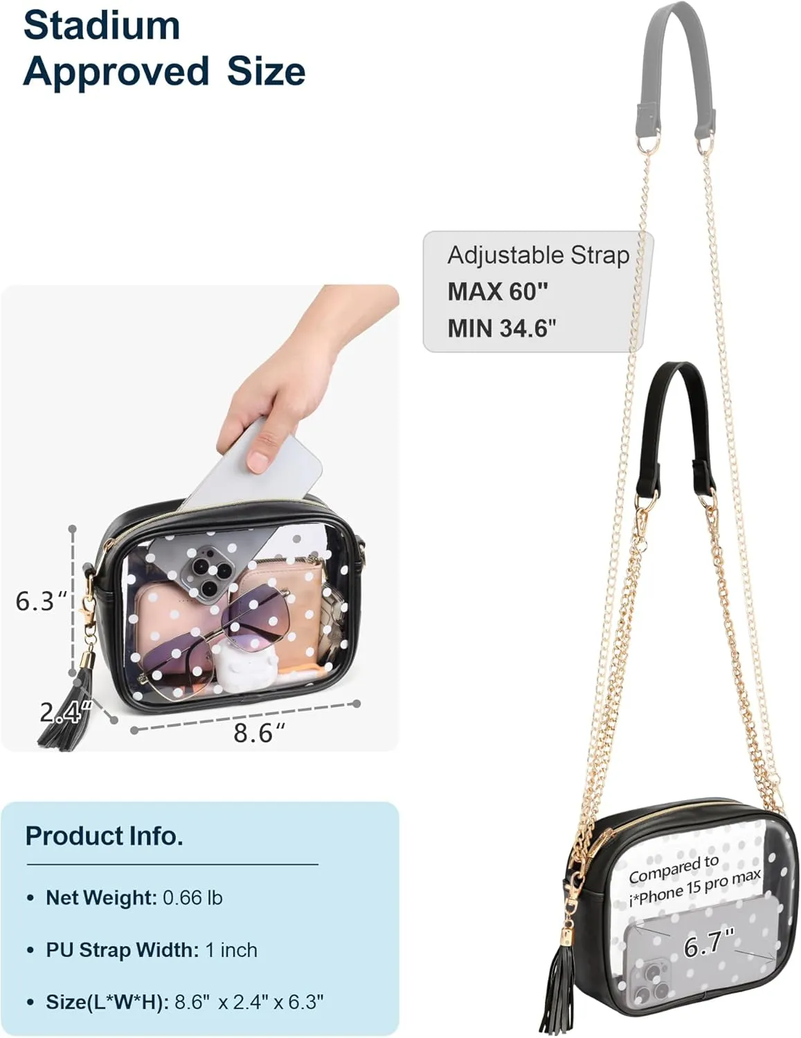 PACKISM Clear Bag for Stadium Events - Clear Purses for Women Stadium Crossbody Concert Bag for Game Day， Sports, Festival