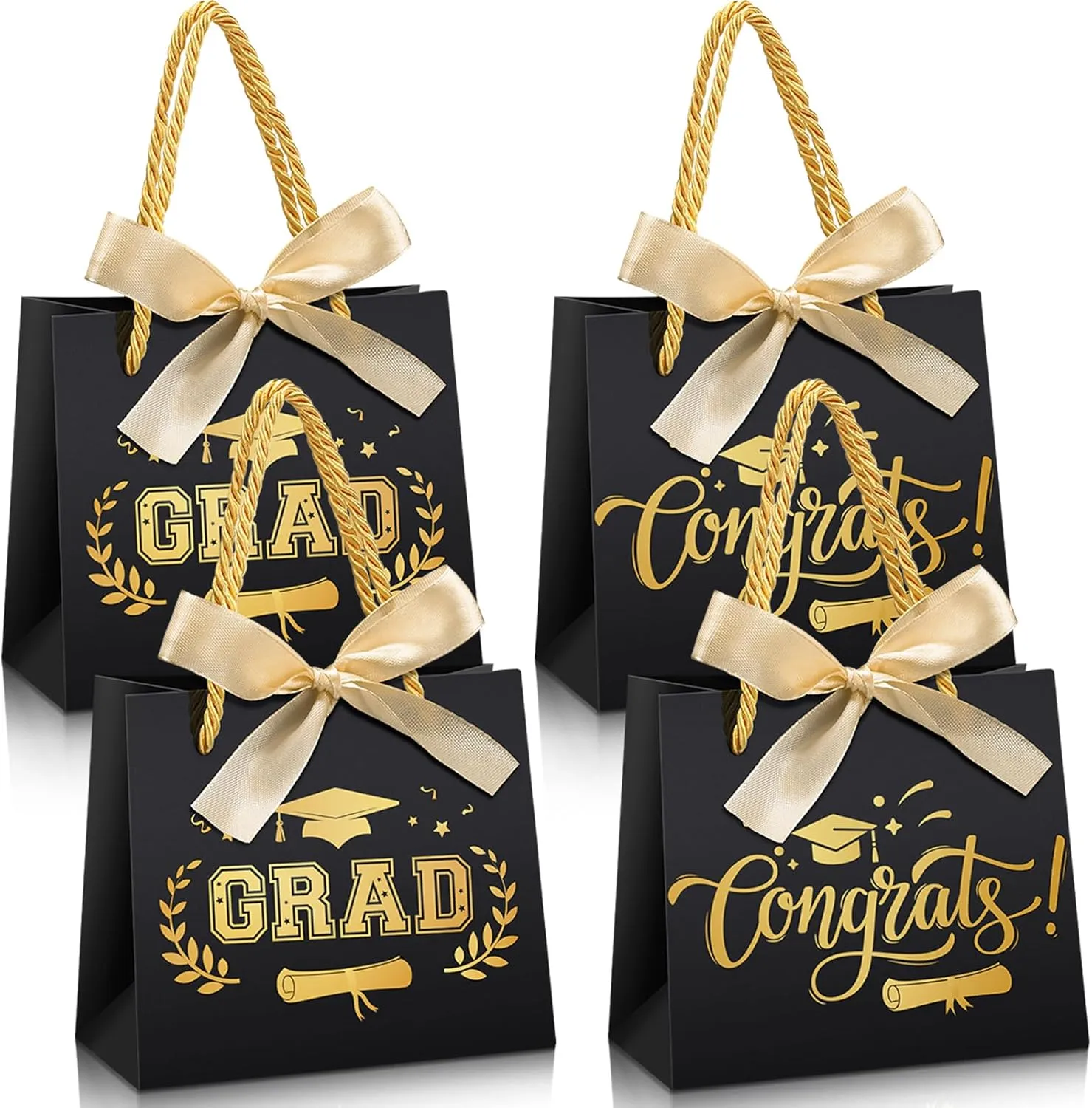 Pasimy 48 Pcs Graduation Bags with Handles Bow Ribbon Small Graduation Favor Bags Congrats Grad Treat Bags Class of 2025 Grad Paper Gift Bag for Primary Middle School Graduation Party Supplies(Black)