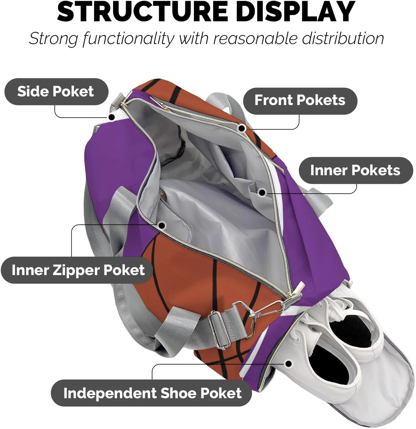 Personalized Duffle Bag with Name,Sport Basketball Player Team Purple Custom Travel Bag Carry On Weekend Overnight Bag Gym Sports Bag Dance Bag
