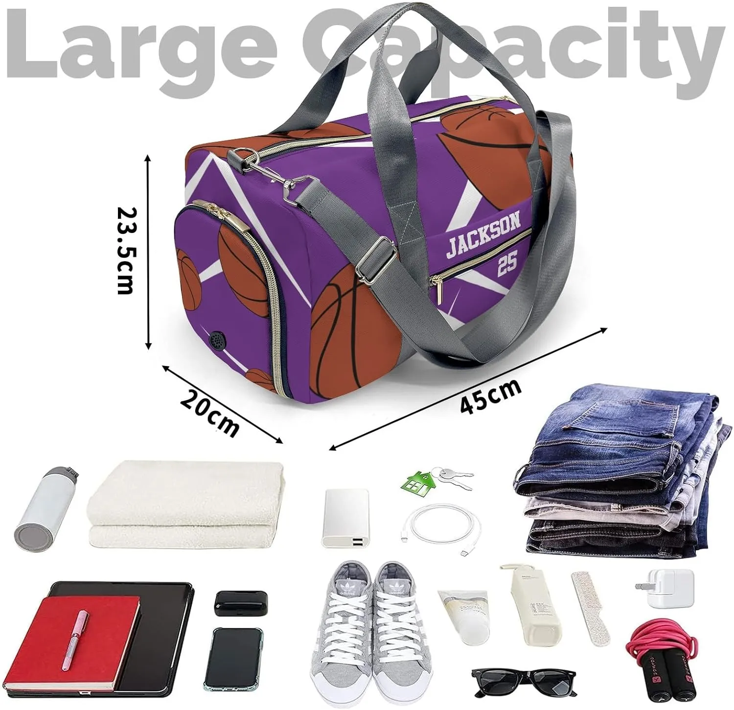 Personalized Duffle Bag with Name,Sport Basketball Player Team Purple Custom Travel Bag Carry On Weekend Overnight Bag Gym Sports Bag Dance Bag