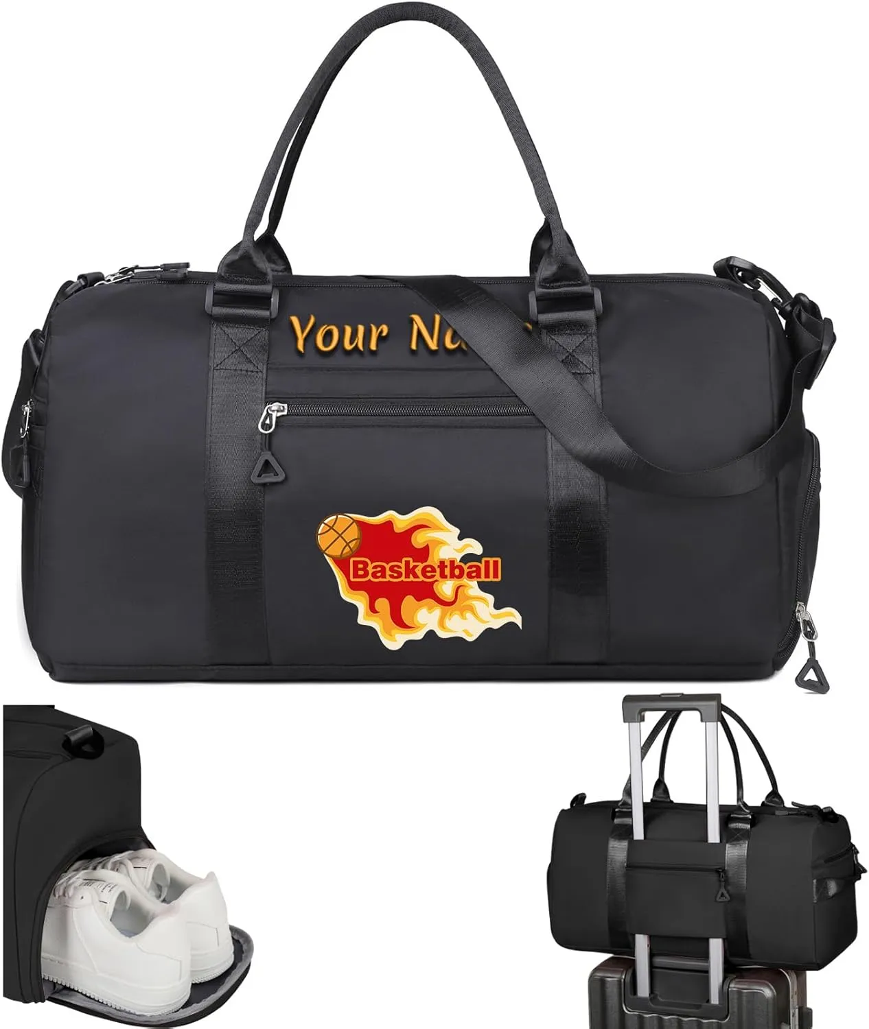 Personalized Embroidered Duffel Bag, Custom Sports Gym Bag with Name for Man Women, Girls Dance Bag Weekend Bag Travel Bag - with Shoulder Strap & Wet Dry Pockets & Shoe Compartment - Black