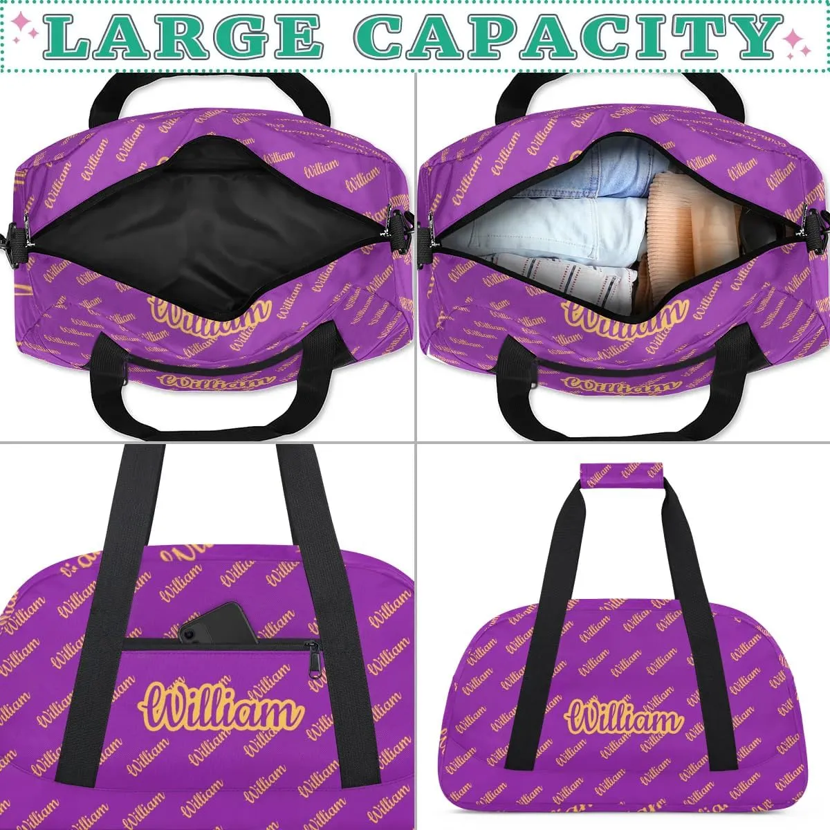 Personalized Gym Duffel Bag with Name Custom Sport Bag Gymnastics Bags Customized Dance Duffel Bag Weekender Sleepover Bag, Dark Purple